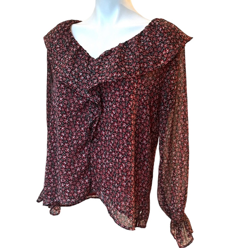 Loft Floral Ruffle Blouse, Dark Permisson, Sz S - Picture 10 of 15